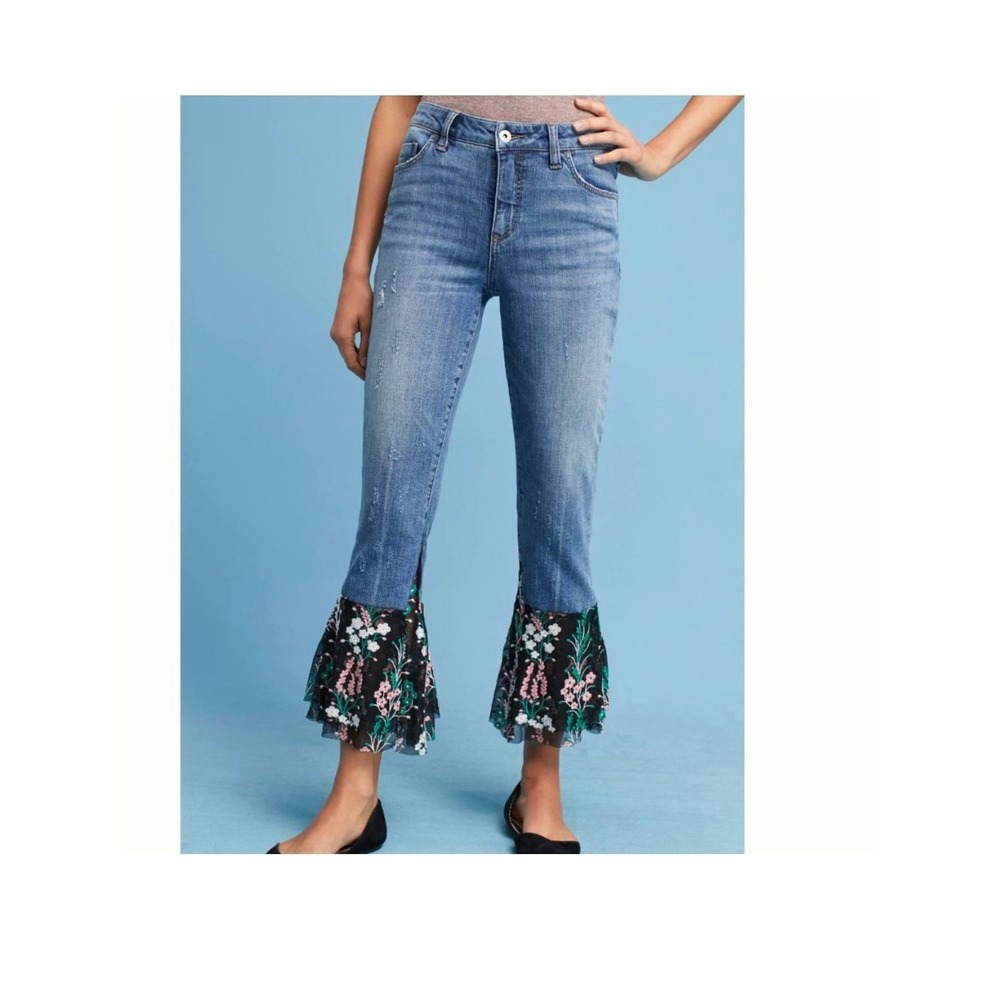 Anthropologie Pilcro Mid-Rise‎ Boyfriend Jeans With Sheer Floral Flare Size 26